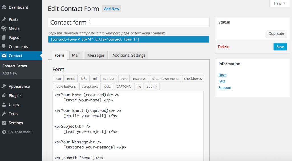 ตัวอย่าง Plugin Contact Form7 สำหรับทำฟอร์มติดต่อ